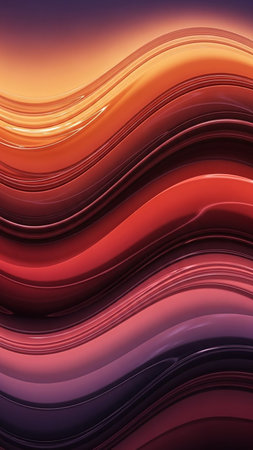 Glossy, abstract waves in shades of red, orange, and purple flow smoothly, displaying a reflective metallic sheen and deep color variations.の素材