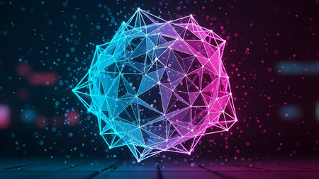 A luminous 3D geometric sphere composed of interconnected lines and triangles, glowing in neon pink and blue against a dark, particle-filled background.の素材