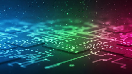 A close-up abstract view of a futuristic circuit board with glowing blue and magenta lines, illuminated by floating particles against a dark, vibrant background.の素材