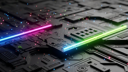 A detailed futuristic circuit board with glowing pink, blue, and green neon light beams and scattered colorful particles.の素材