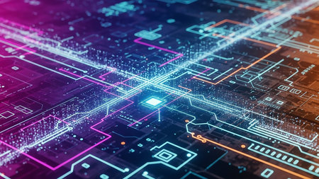 A detailed view of a futuristic digital circuit board with bright blue and orange glowing lines, a central glowing processor, and intricate patterns.の素材