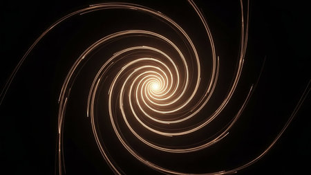 A bright golden spiral with glowing lines expands from the center against a dark black background creating a sense of motion and depth.の素材