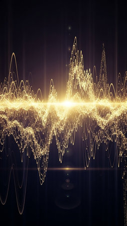 A bright golden sound wave visualization pulses with light and glowing particles against a dark background, representing audio or energy.の素材