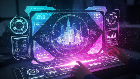 A futuristic holographic interface displays a 3D city model and data charts, with hands interacting with the glowing digital display.の素材