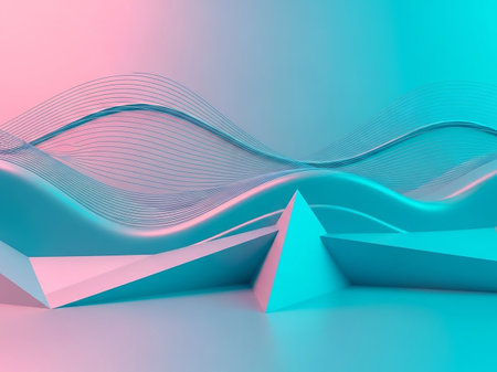 Abstract composition with geometric shapes and flowing lines in soft pastel pink and teal colors, creating a smooth, modern aesthetic.の素材
