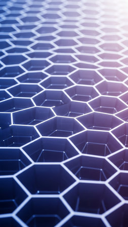 A futuristic dark blue hexagonal grid pattern with clean lines and subtle light reflections receding into the distance with a soft purple hueの素材