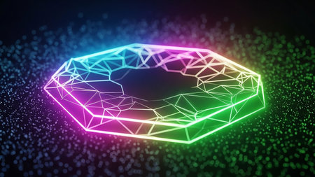 A glowing octagonal geometric network with vibrant neon edges transitions through purple, blue, and green hues against a dark, particle-filled background.の素材