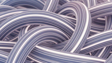 A close-up view of many smooth, intertwined metallic tubes with reflective silver and blue stripes, creating a complex, textured pattern.の素材