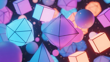 A collection of various 3D geometric shapes like cubes, spheres, and polyhedra float in space, illuminated by soft neon pink, blue, and orange light.の素材