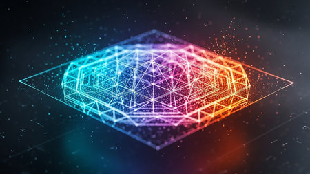 A complex geometric abstract structure with neon blue, pink, and orange glowing edges and scattered particles, set against a dark background.の素材