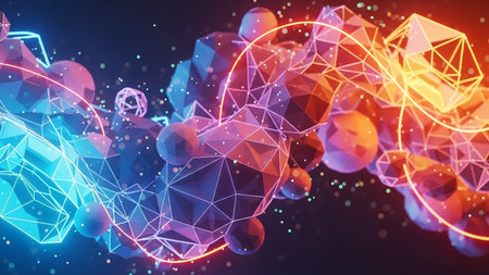 A futuristic abstract scene featuring a network of glowing blue and orange polygonal shapes and spheres with scattered particles.の素材