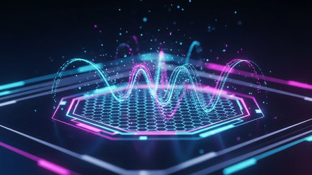 A futuristic digital hexagon platform emits glowing neon energy waves and particles in vibrant pink and blue, representing data flow and connectivity.の素材