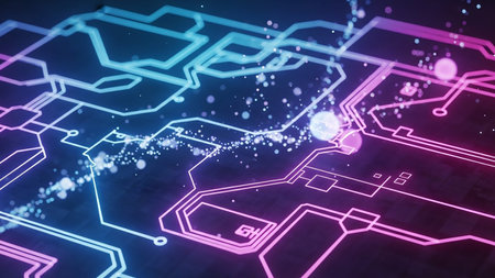 A close-up view of a futuristic circuit board pattern with glowing neon blue and pink lines and floating light particles, suggesting digital data flow.の素材
