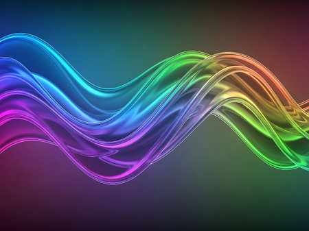 A smooth, iridescent wave flows across a dark background with a vibrant rainbow gradient, creating a fluid and dynamic abstract design.の素材