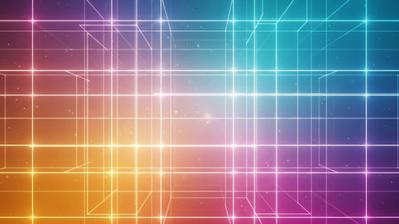 A futuristic abstract background featuring a glowing neon grid structure with a vibrant gradient of colors and floating light particles.の素材