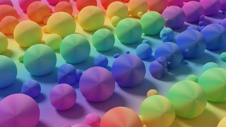 A cheerful 3D rendering of colorful spheres of various sizes scattered across a rainbow gradient background in soft pastel hues.の素材