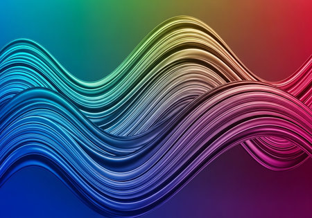Smooth, flowing waves of metallic fluid in a rainbow spectrum, set against a vibrant gradient background, creating a dynamic visual.の素材
