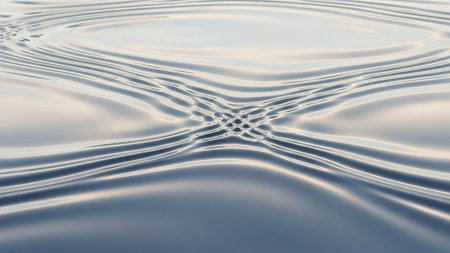 A close-up view of a water surface with intricate, symmetrical ripple patterns formed by intersecting waves, reflecting soft light.の素材