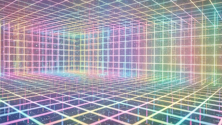 A 3D grid room rendered with rainbow neon lines and floating particles, creating a futuristic and abstract virtual space with a sense of depth and digital wonder.の素材