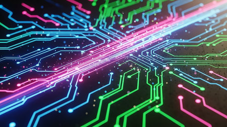 An abstract close-up of a circuit board pattern with glowing neon lines in green, blue, and pink, representing data flow and technology.の素材