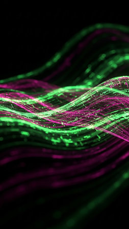 Abstract flowing waves of vibrant neon green and pink light, studded with digital particles, create a sense of movement against a dark background.の素材