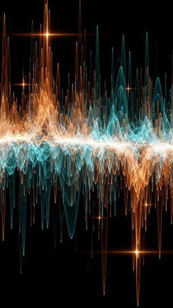 An abstract representation of a sound waveform with sharp, glowing peaks in fiery orange and cool teal, set against a dark background.の素材