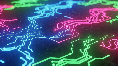 An abstract, glowing circuit board forms a world map with vibrant neon blue, pink, and green lines representing connections and data flow.の素材