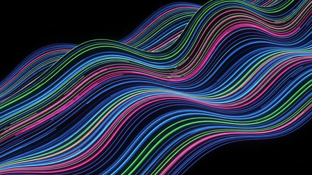 Abstract composition of vibrant neon light streaks in blue, pink, and green, flowing in undulating waves against a dark black background, creating a sense of energy and motion.の素材