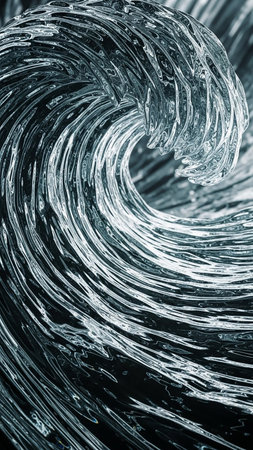 A detailed close-up of a transparent glass wave, showcasing intricate textures and the dynamic flow of liquid motion with light refraction.の素材