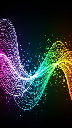 Vibrant rainbow colored light trails and glowing particles swirl dynamically against a black background, creating an energetic and abstract visual effect.の素材