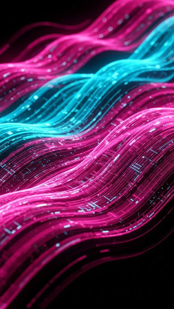 Vibrant pink and cyan digital waves surge forward, composed of intricate data streams and glowing particles, suggesting a powerful flow of information.の素材