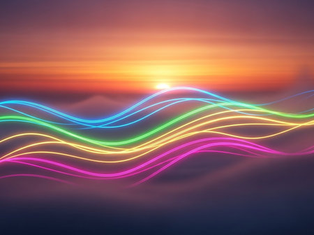 Colorful neon waves undulate across a misty landscape with a vibrant sunset or sunrise in the background.の素材