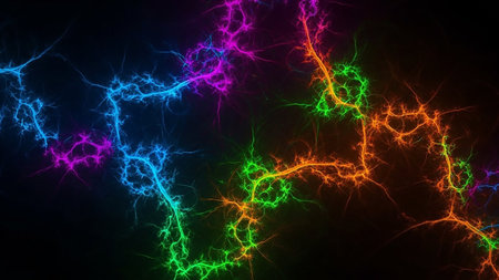 Vibrant neon lightning strikes in multiple colors including purple, blue, green, and orange illuminate a dark background with electric energy.の素材