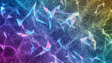 A vibrant, colorful abstract background features a network of glowing geometric shapes and shimmering particles in a gradient of blues, purples, and yellows.の素材