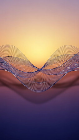 Abstract background with delicate blue wireframe waves flowing across a soft yellow and purple gradient, resembling a sunset.の素材