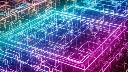 A complex digital circuit board pattern with intricate neon lines and glowing particles in vibrant blue, pink, and purple tones.の素材
