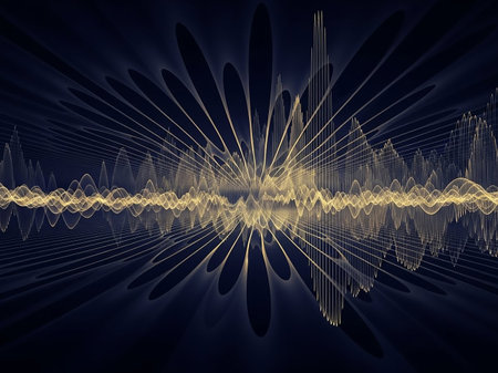A golden abstract waveform expands radially on a dark background, creating a symmetrical, futuristic pattern of light and sound visualization.の素材