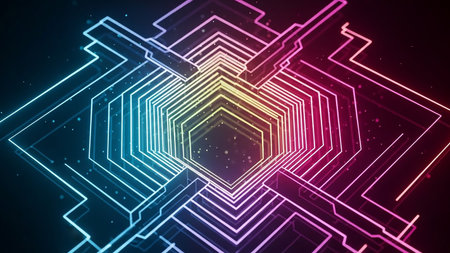 A futuristic geometric tunnel with hexagonal shapes and circuit-like lines transitions through a rainbow gradient, illuminated by glowing particles.の素材