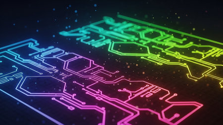 Abstract futuristic circuit board patterns in vibrant neon pink and green glow against a dark textured background with scattered light particles.の素材