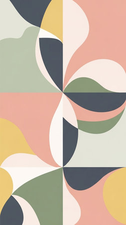 A mid-century modern inspired abstract geometric pattern featuring soft pastel colors and organic curved shapes arranged in a symmetrical design.の素材