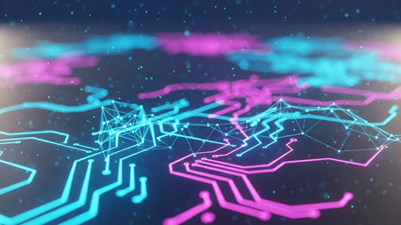 A futuristic digital circuit board network with glowing neon blue and pink lines, interconnected nodes, and floating particles against a dark background.の素材