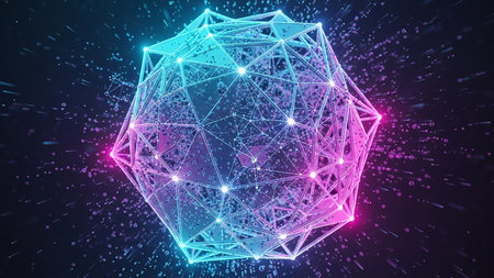 A luminous geometric polyhedron structure with glowing nodes and particles, rendered in shades of blue and pink against a dark, speckled background.の素材