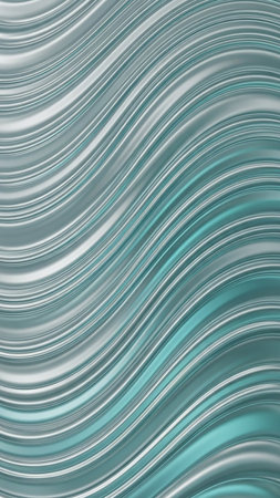 A close-up abstract texture of metallic silver and teal waves with a smooth, reflective, and flowing surface.の素材