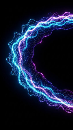 A vibrant wave of glowing blue and pink particles forms a curved arc against a dark background, suggesting digital energy and motion.の素材