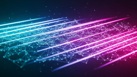 Vibrant neon blue and pink light streaks cut across a complex digital network grid with glowing nodes and lines on a dark background.の素材