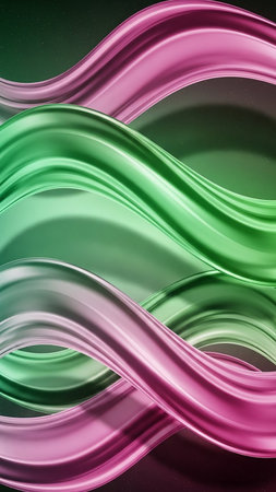 Smooth, metallic ribbons in vibrant pink and green hues gracefully intertwine, creating a fluid and luxurious abstract design.の素材