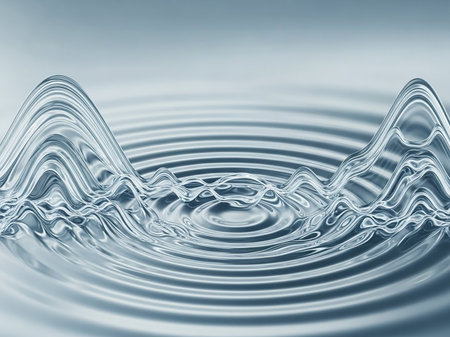 Abstract visualization of a rippling water surface with two prominent wave peaks and concentric circles spreading outwards.の素材