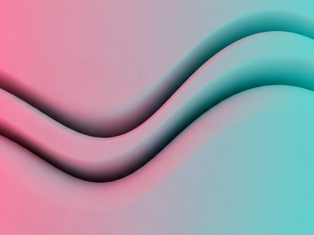 Soft pink and teal gradient forms gentle, curved waves with subtle shadows, creating a serene and minimalist abstract background.の素材