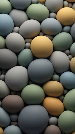 A dense arrangement of smooth, rounded pebbles in various pastel colors including grey, blue, green, yellow, and brown, creating a soft, organic pattern.の素材