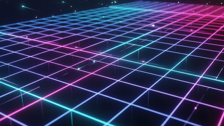 A retro-futuristic digital grid landscape with glowing neon pink and blue lines receding into the distance, dotted with floating particles.の素材
